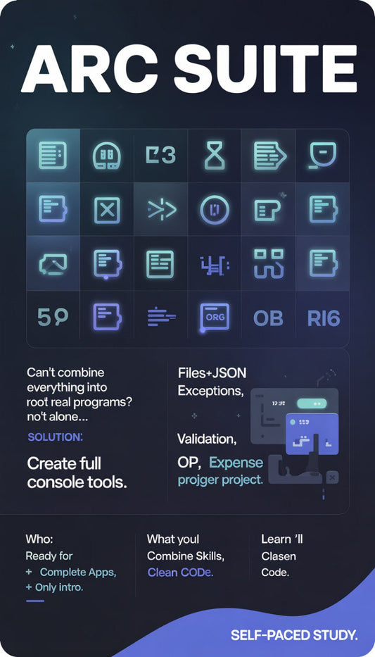 Promotional graphic for ARC Suite with icons and text on a dark background