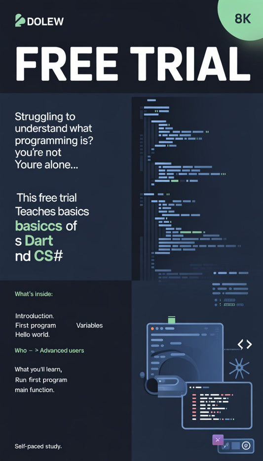 Dolew free trial advertisement for programming basics with code snippets on a dark background