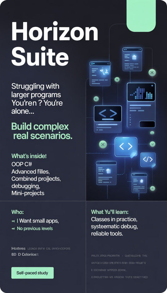 Promotional graphic for Horizon Suite with text and icons on a dark background