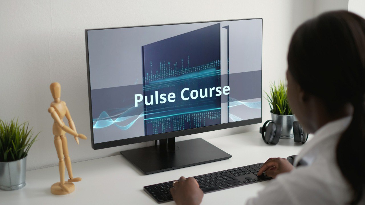 Person using a computer with 'Pulse Course' displayed on the screen, surrounded by office items.