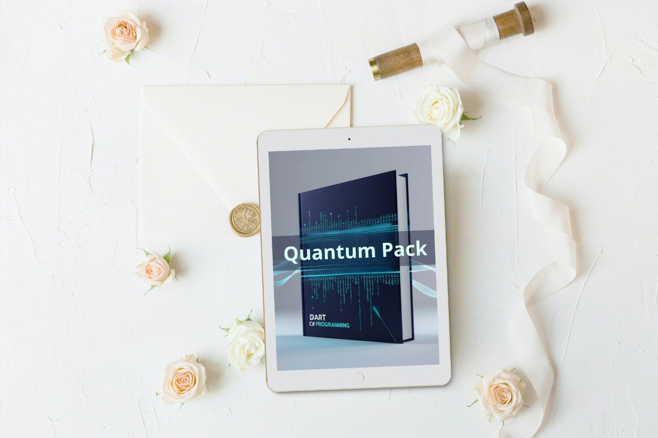 Tablet displaying 'Quantum Pack' on a white surface with decorative elements