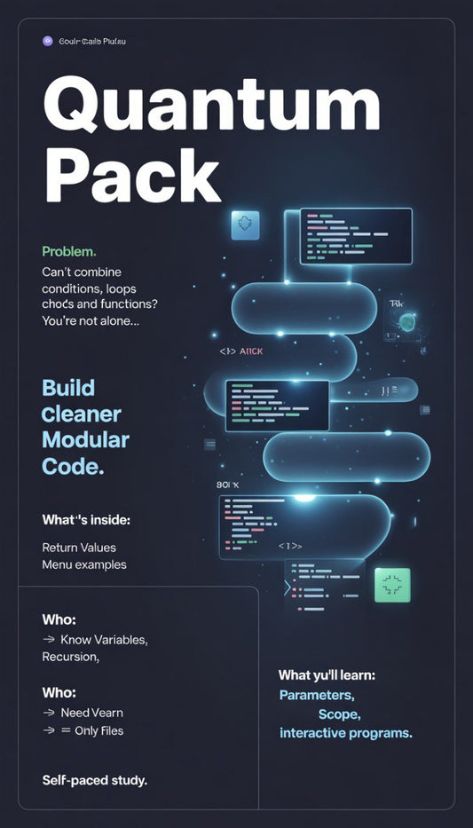 Promotional graphic for 'Quantum Pack' with text and abstract designs on a dark background