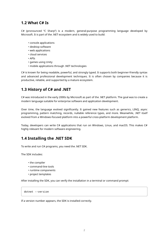 Page from a document explaining C# programming language, its features, history, and installation of .NET SDK.