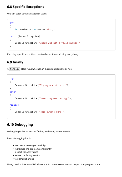 Code snippets demonstrating exception handling and debugging in a programming context.