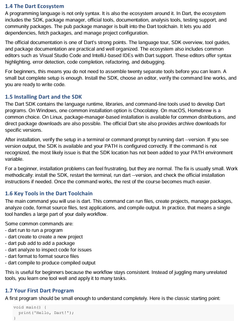 Text document about Dart programming language and ecosystem