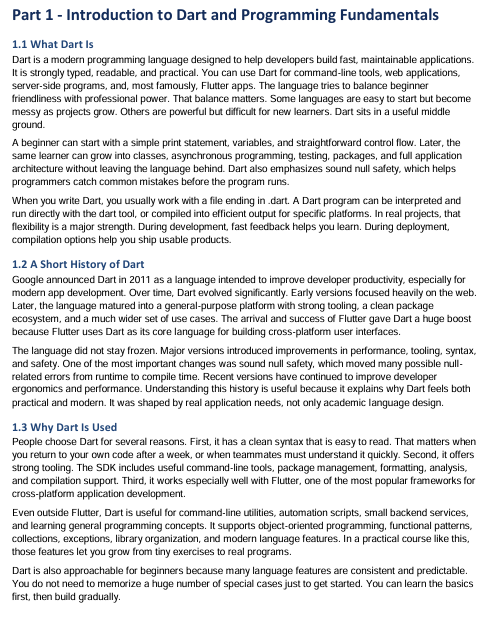 Text document about Dart programming language and its fundamentals