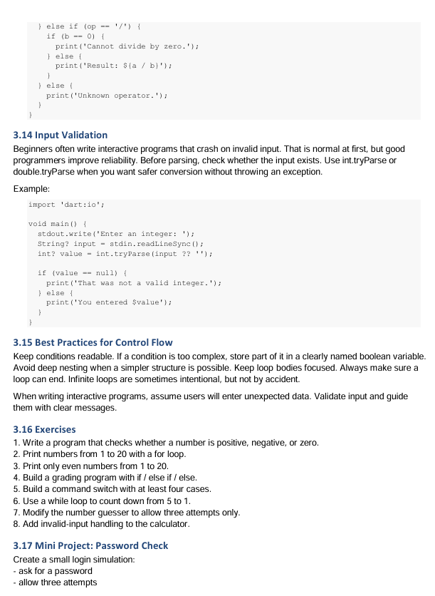 Code snippet with comments and examples on input validation and control flow practices.