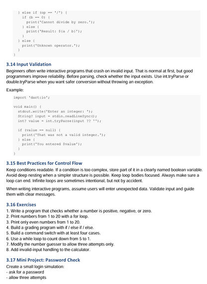 Code snippet with comments and examples on input validation and control flow practices.