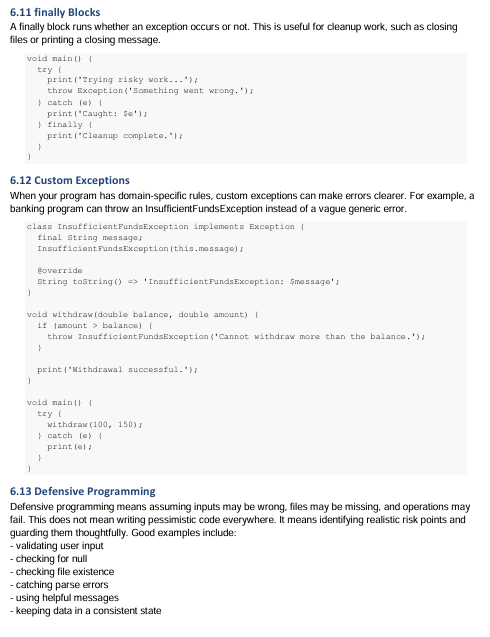 Text document with programming code and explanations on exception handling and defensive programming.