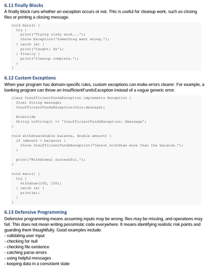 Text document with programming code and explanations on exception handling and defensive programming.