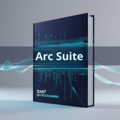 Book titled 'Arc Suite' with digital design elements on a gray background