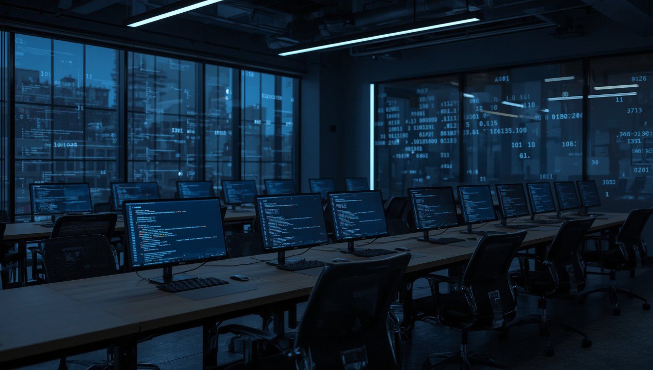 Dark room with multiple computer monitors displaying code and data