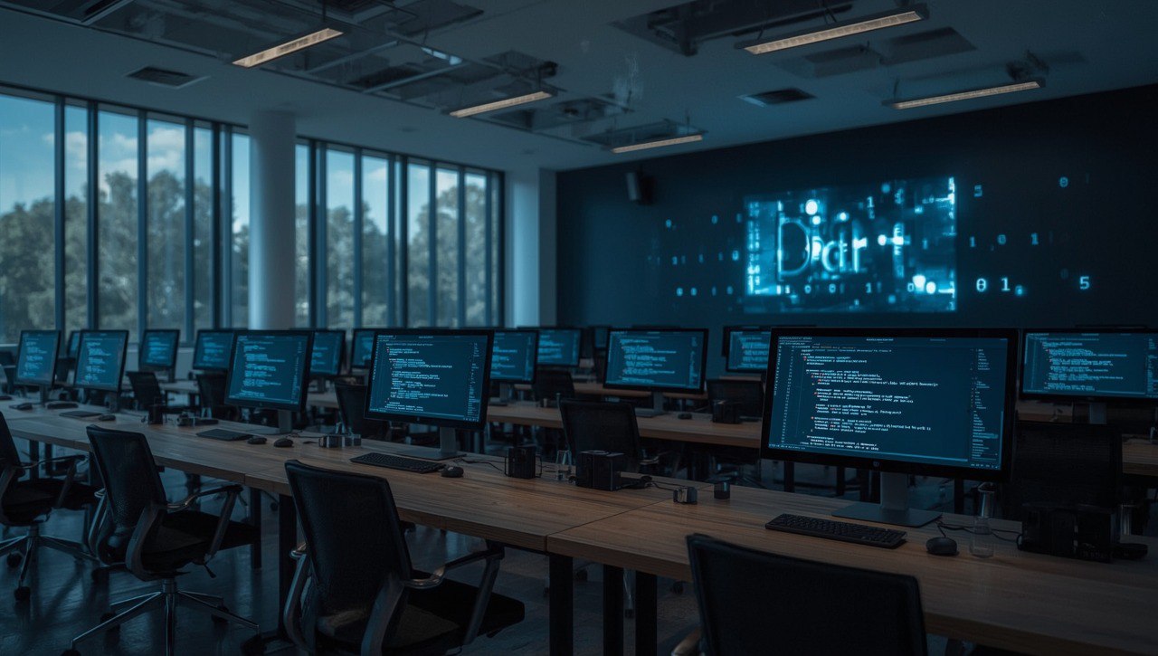 Control room with multiple computer monitors displaying code and data.