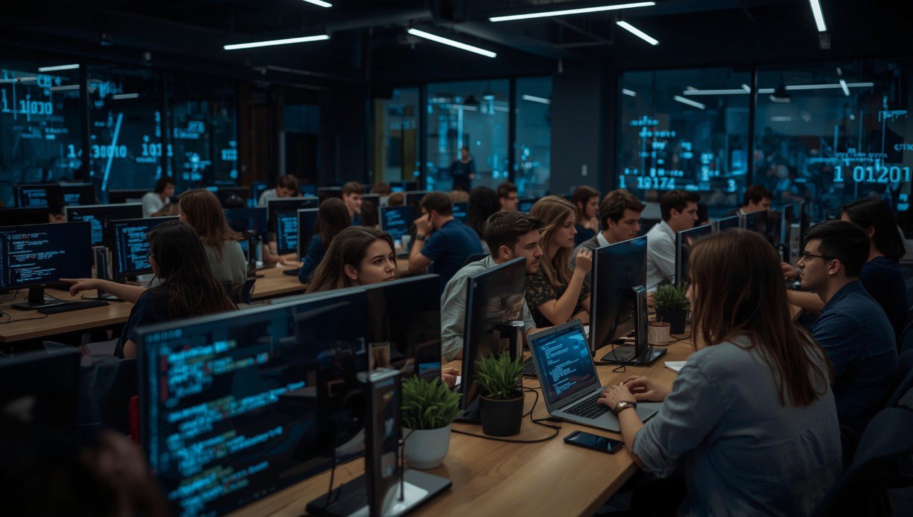 People working at computers in a dark room with multiple screens displaying code or data.