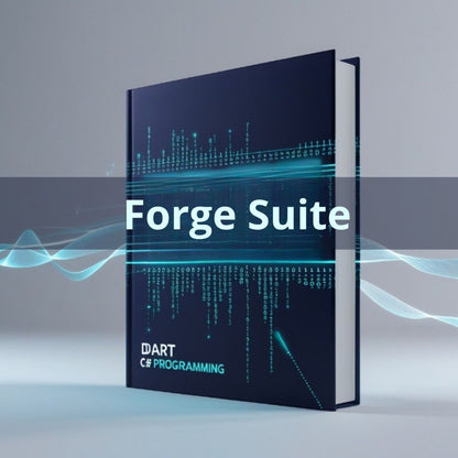 Book titled 'Forge Suite' with digital design elements on a gray background