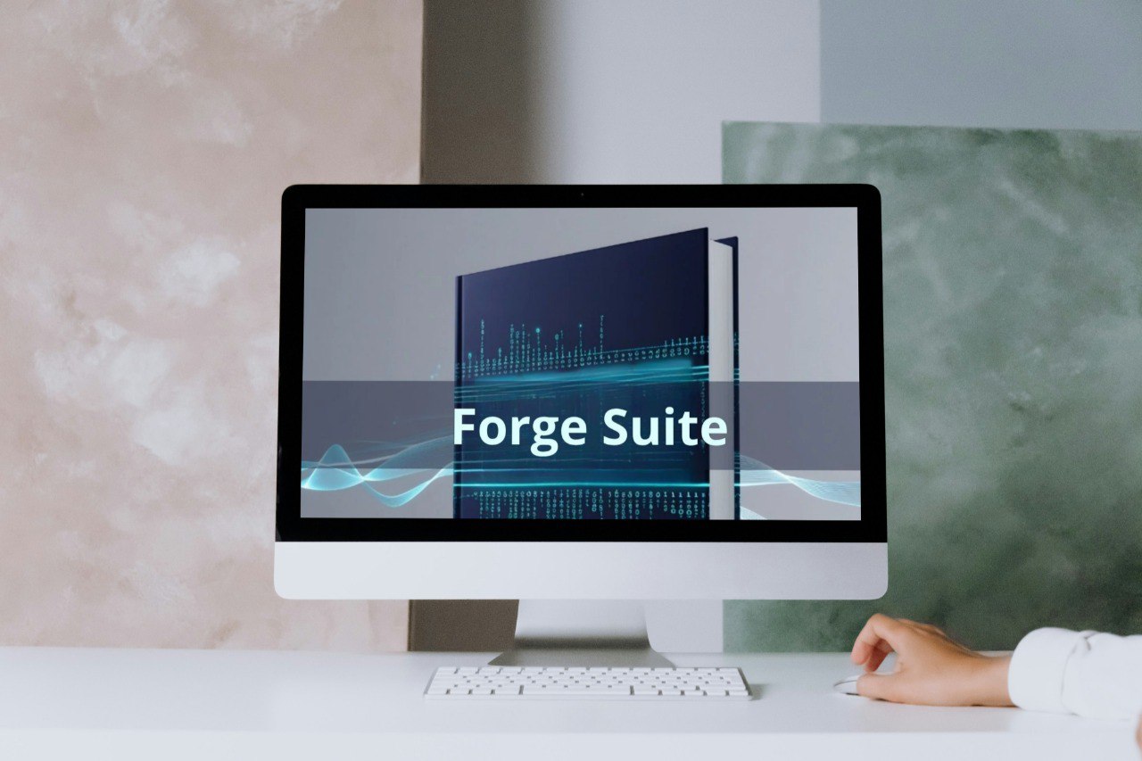 Computer monitor displaying 'Forge Suite' with a person using a mouse in the background