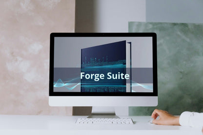 Computer monitor displaying 'Forge Suite' with a person using a mouse in the background