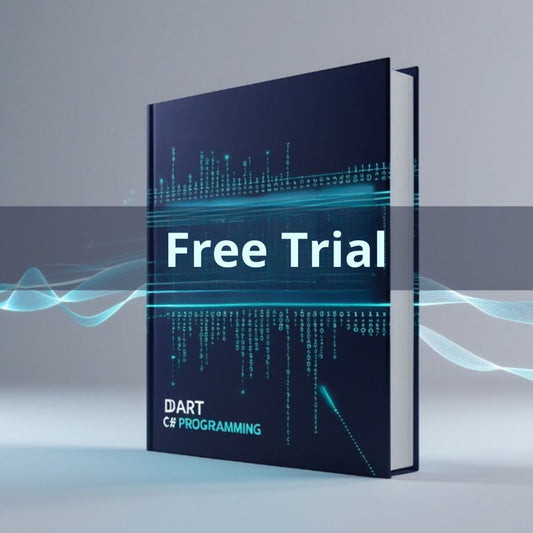 Book titled 'Dart Programming' with a 'Free Trial' offer on a gray background