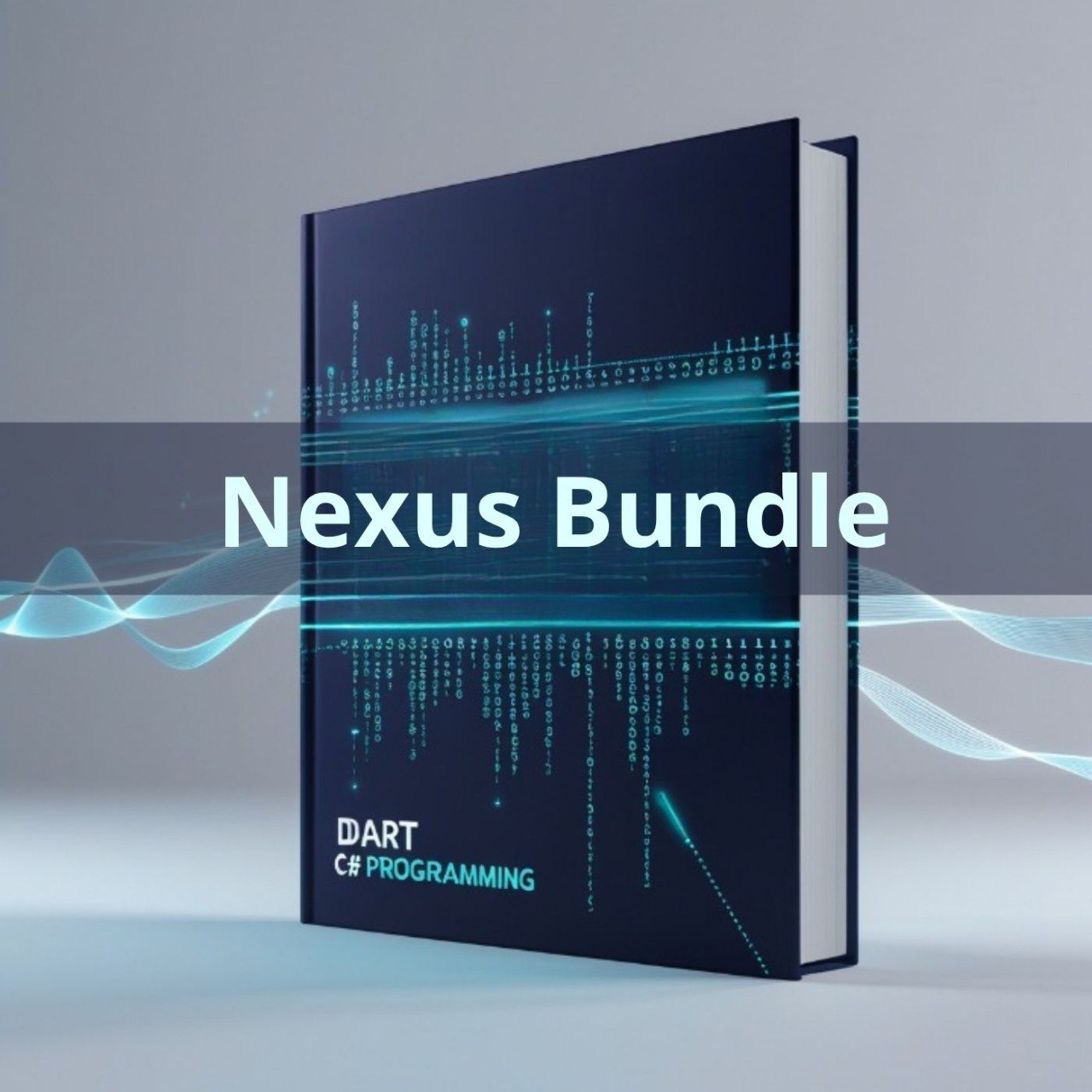 Book titled 'Nexus Bundle' with digital design elements on a gray background