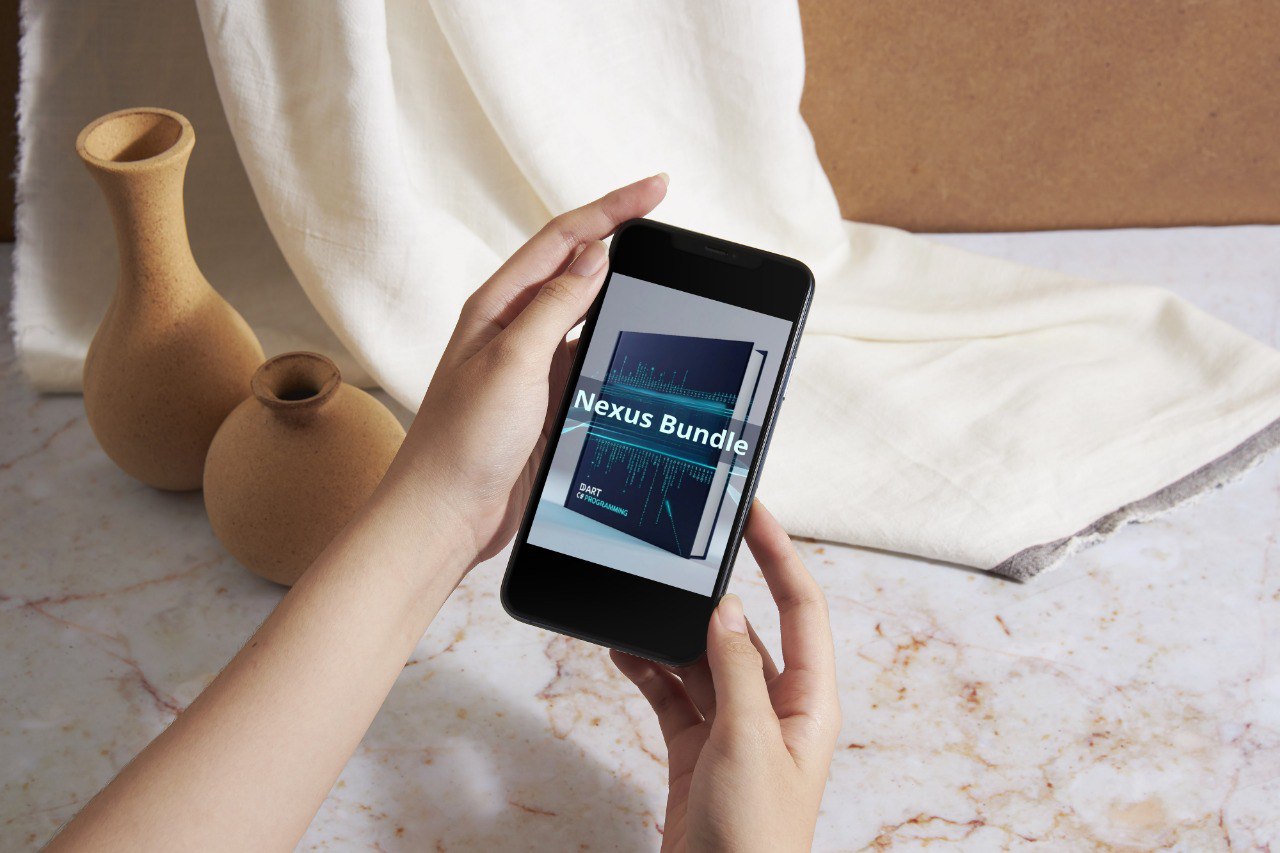 Person holding a smartphone with 'Nexus Bundle' displayed, sitting on a marble surface with vases in the background.