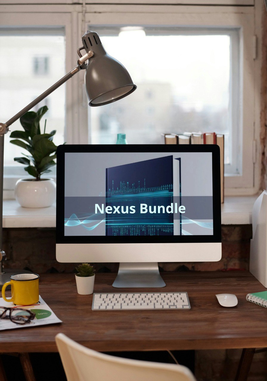 Computer monitor on a desk with 'Nexus Bundle' displayed, surrounded by office supplies.