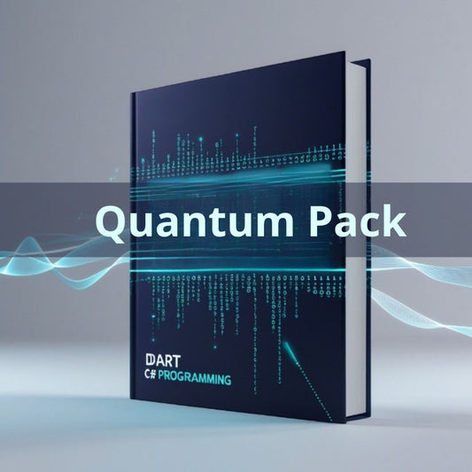 Book titled 'Quantum Pack' with Dart programming text on a gray background